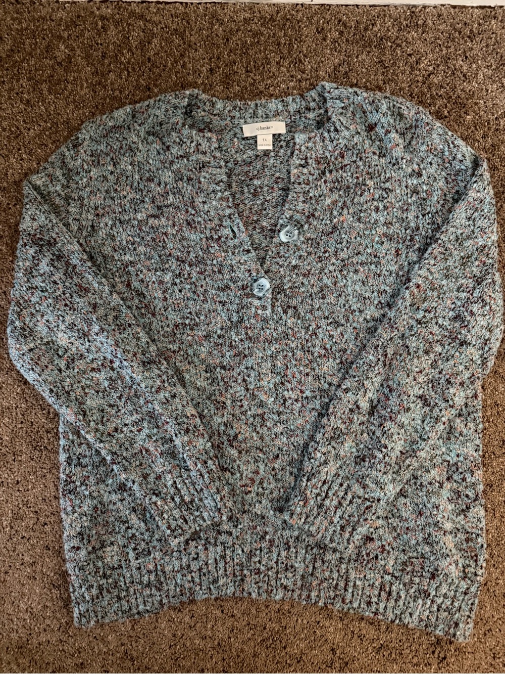 CJ Banks Blue Speckled V-Neck Button Sweater